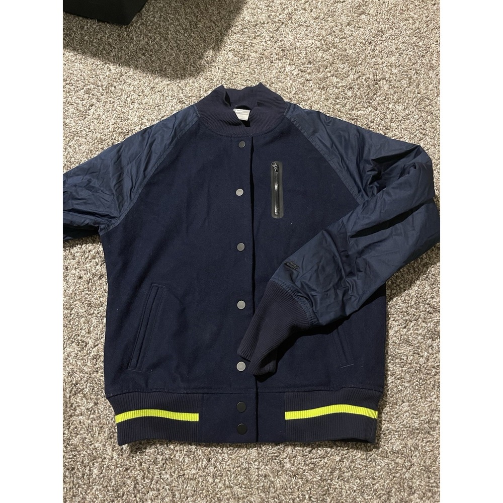 Vintage Y2K Nike Women's Varsity Bomber Wool Jacket Navy Blue Size Medium